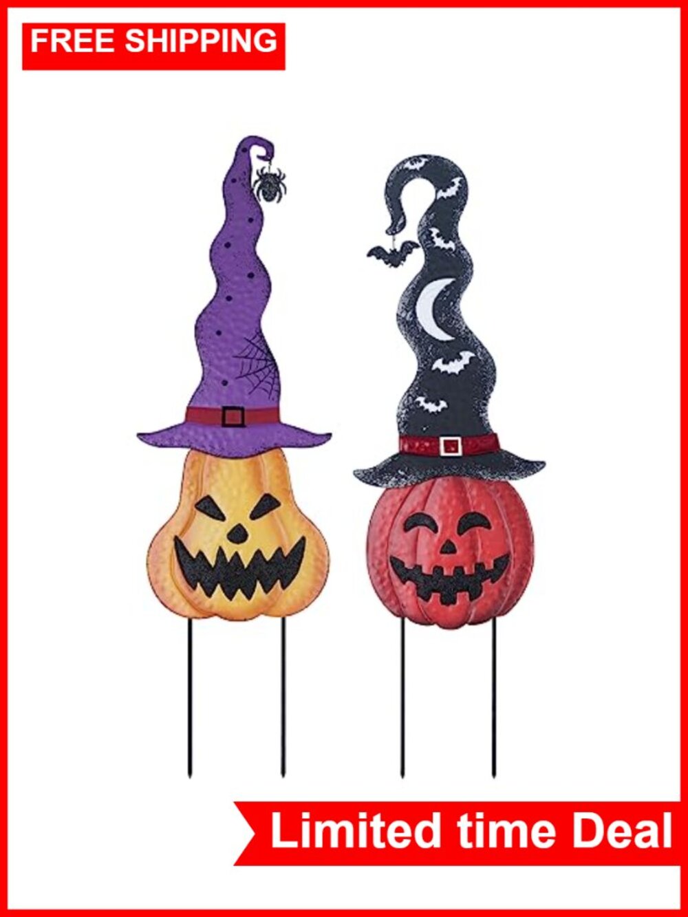 Set of 2 Metal Pumpkin Garden Stakes with Witch Hats for Halloween Outdoor Decor